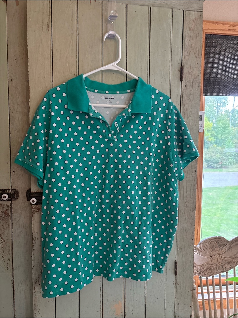 Lands' End Teal Green Polo with White Polka Dots
